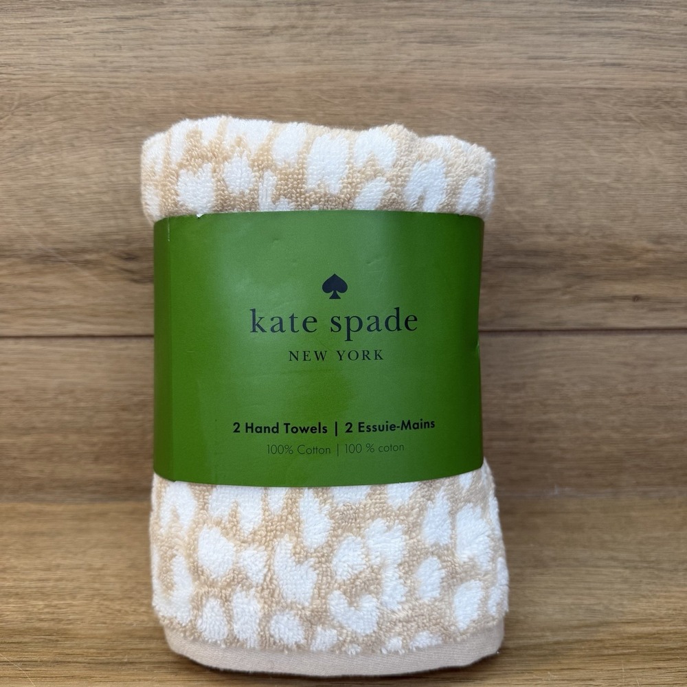 Kate Spade Set of 2 Handtowels 16" x 30" Beige White Leopard Print Cotton NWT